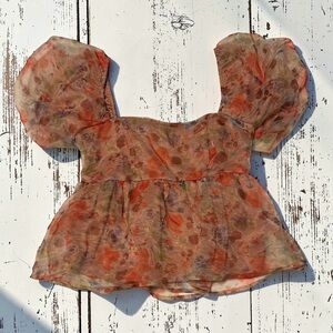 Sheer Floral Puff-Sleeve Women's Crop Top in Peach
